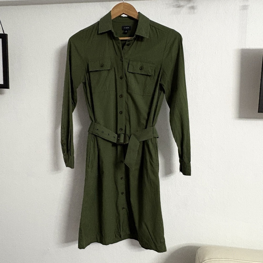 J.Crew Women's Dress 0 Green Cotton Utility Safari Midi Shirt Dress Belted